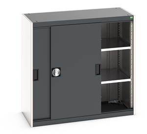 Bott cubio cupboard with lockable sliding doors 1000mm high x 1050mm wide x 525mm deep and supplied with 2 x 100kg capacity shelves.   Ideal for areas with limited space where standard outward opening doors would not be suitable.... Bott Cubio Sliding Solid Door Cupboards with shelves and drawers 1600mm high option available
